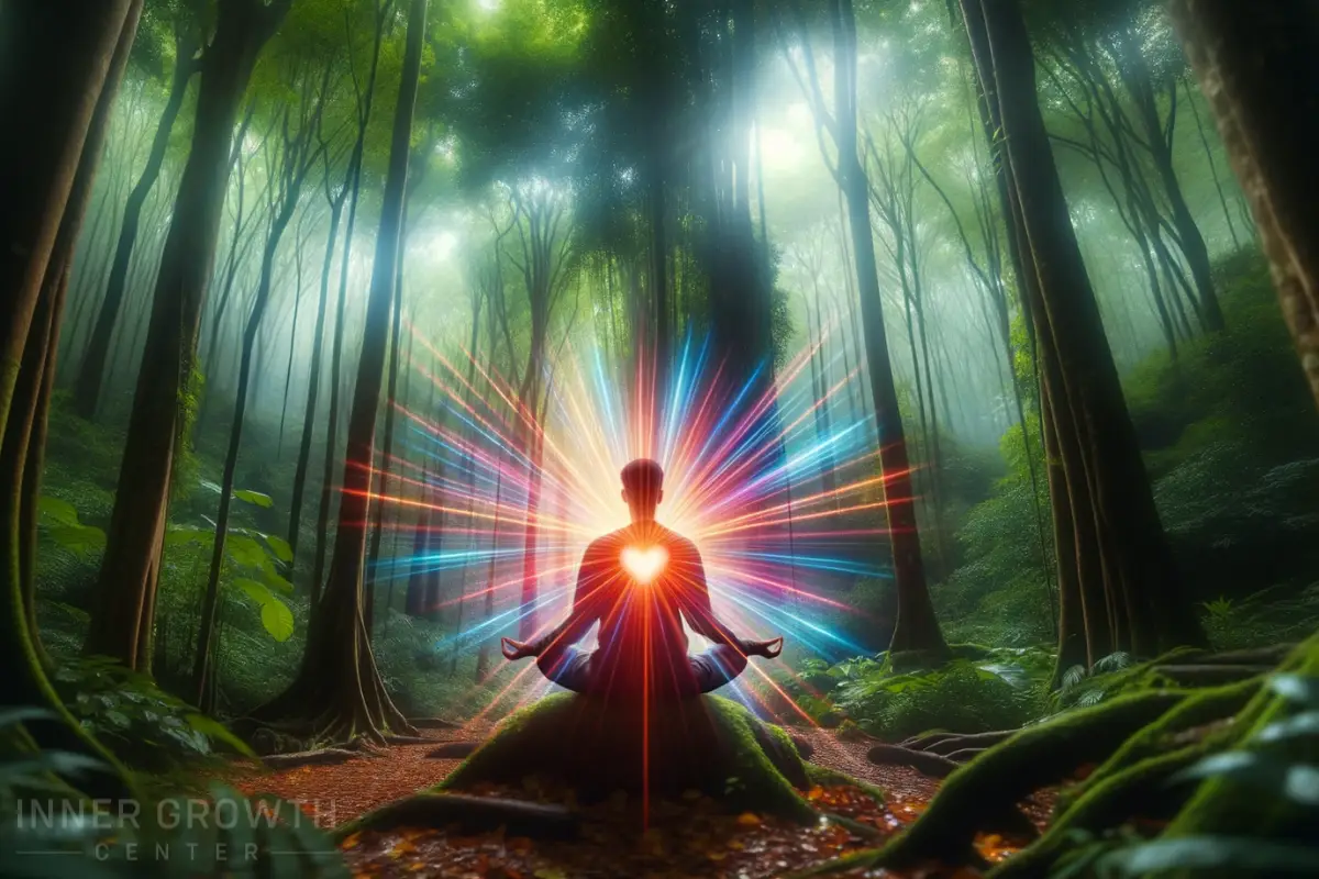 A man sitting in a forest meditating with a glowing heart space.