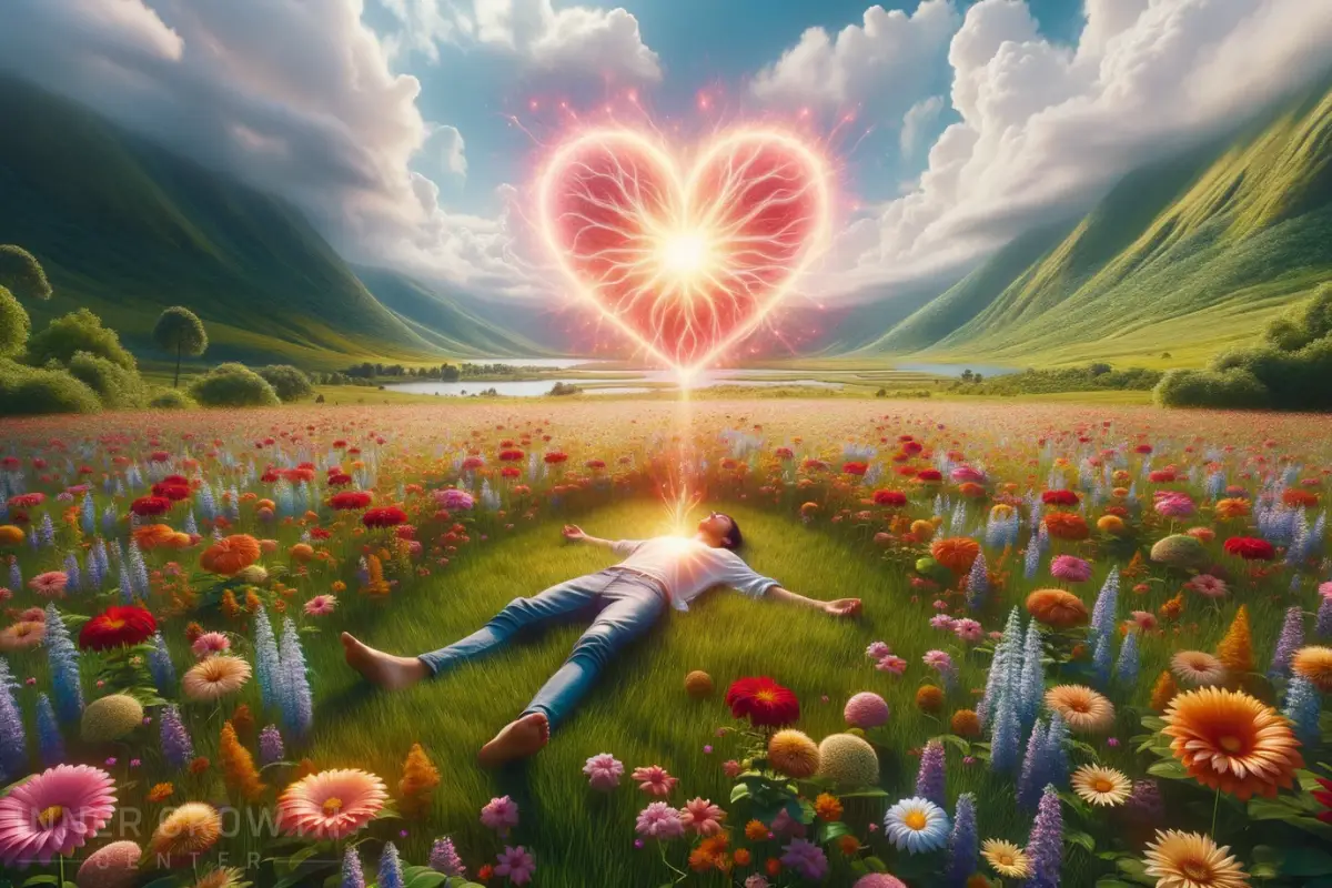 Man lies down on a field of flowers with a charged heart floating above him.