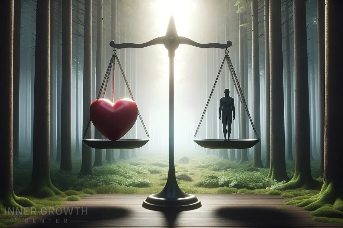 A heart on scales against a person. In a forest.