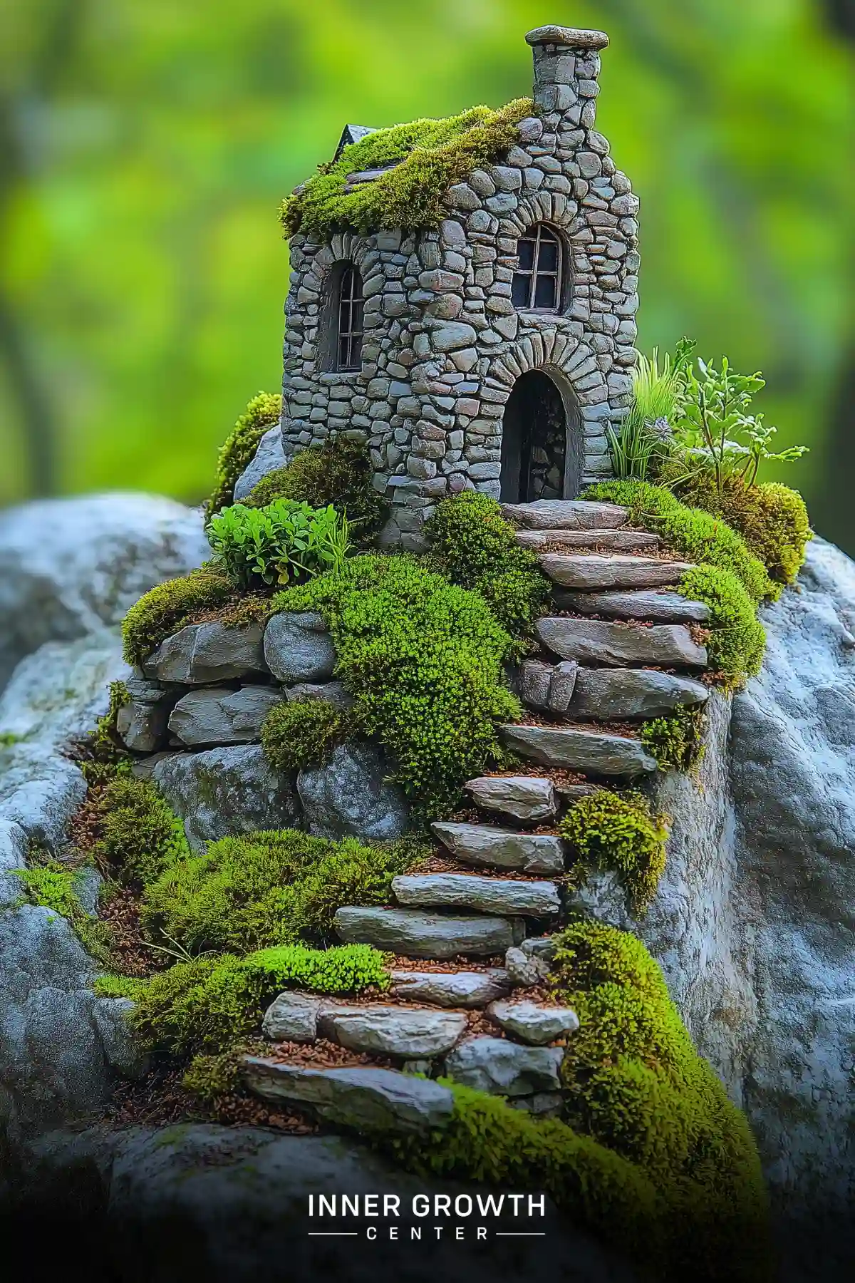 A miniature stone cottage perched atop a moss-covered hill with a winding stone stairway leading to its arched doorway.