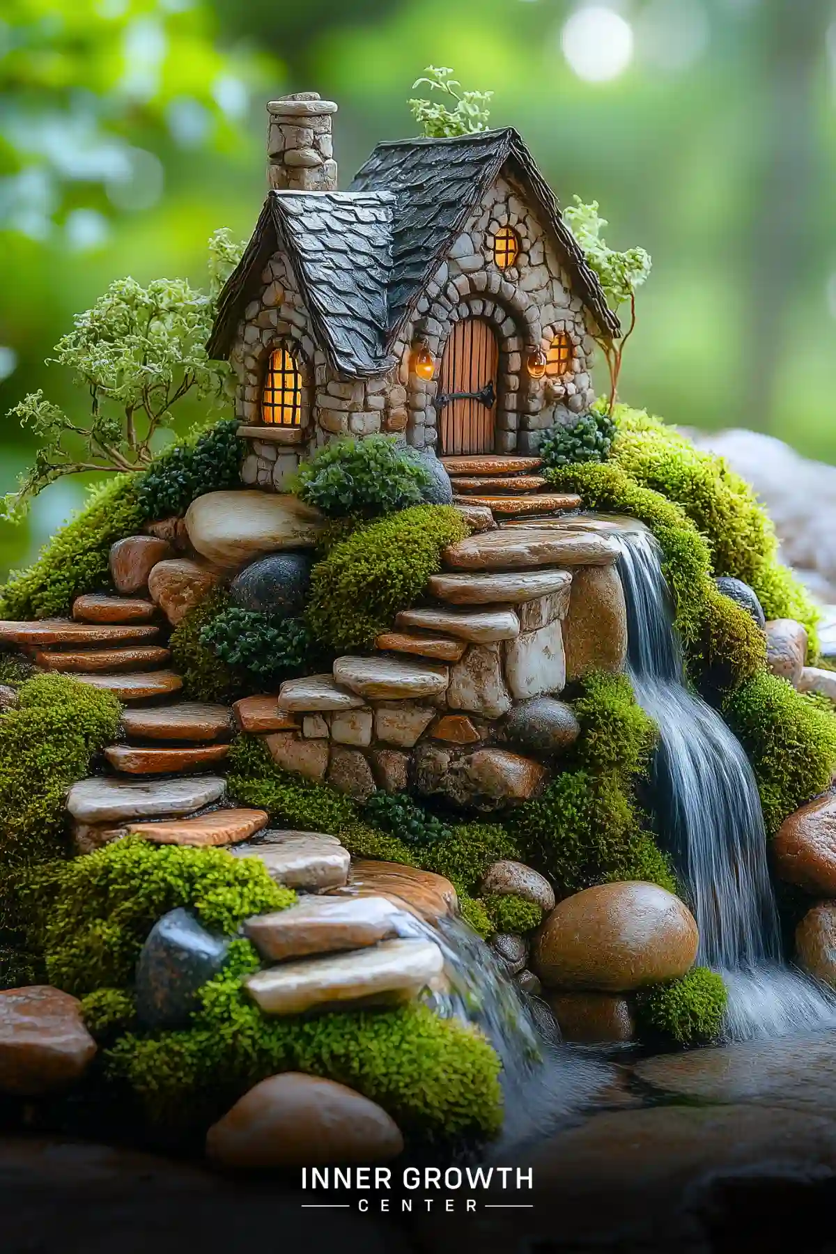 A miniature stone cottage perched atop a mossy hill with curved stone steps and a cascading waterfall, illuminated by warm window lights.