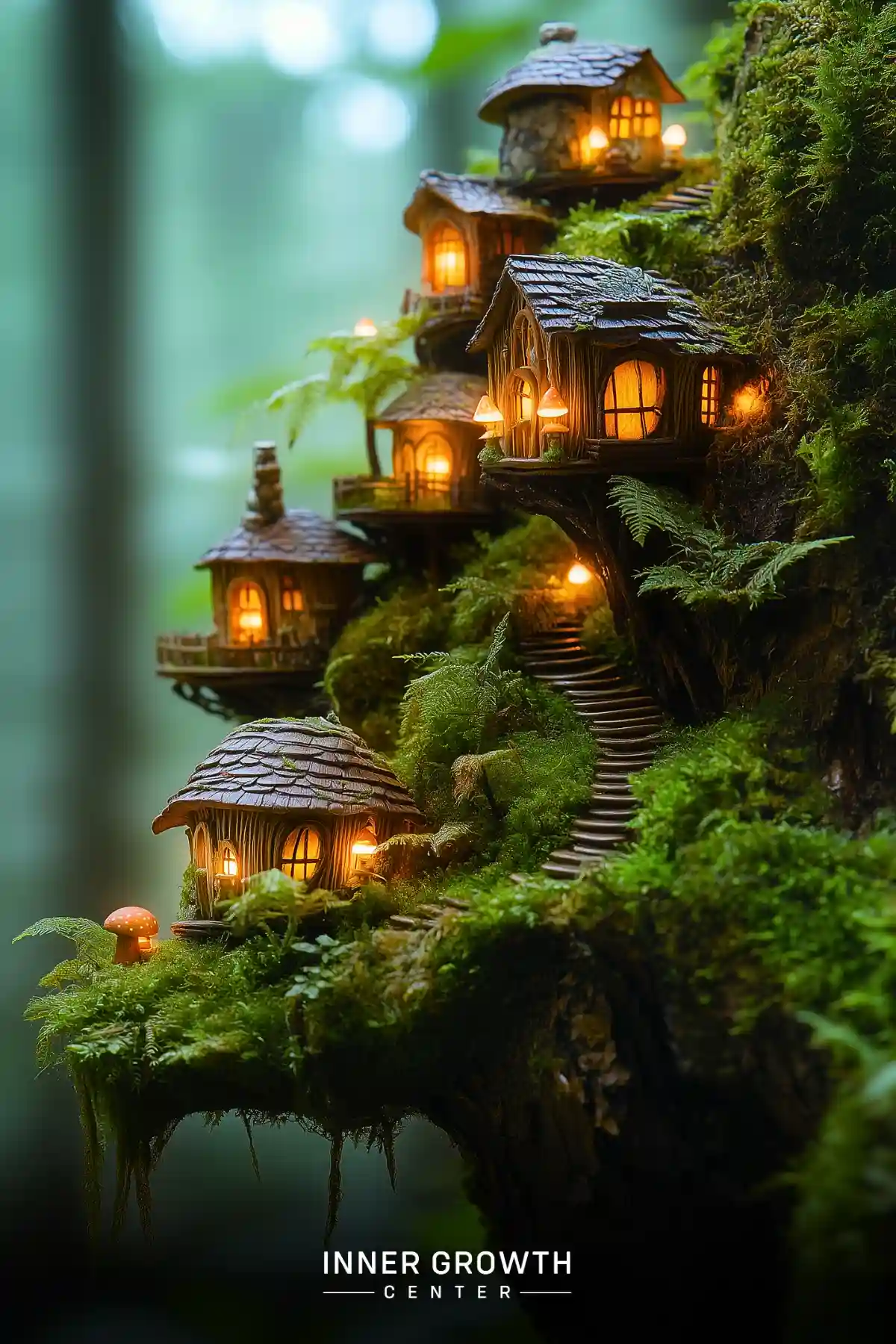 A miniature village of glowing woodland cottages connected by winding stairs, nestled on a mossy cliff with tiny mushrooms and ferns.