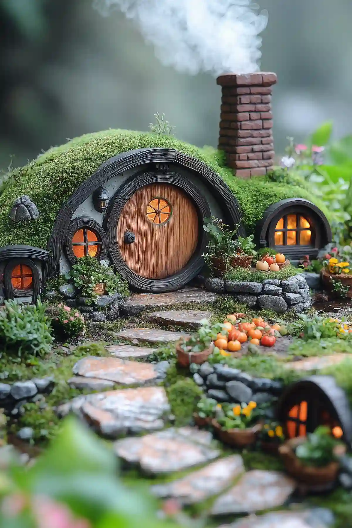 A miniature moss-covered hobbit house with round wooden doors, glowing windows, stone pathways, and tiny pots of pumpkins nestled in a garden setting.