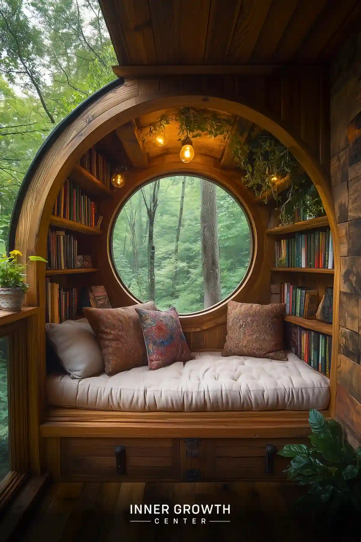 A cozy wooden alcove with bookshelves and a large round window overlooking a forest.