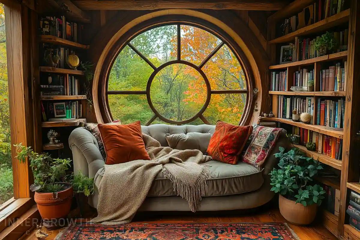 An inspiring hobbit reading nook with window and surrounding bookcases.