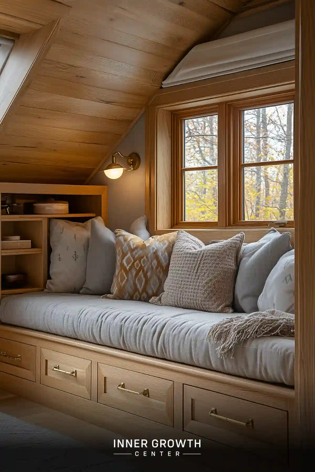 Built-in window seat with gray cushions and neutral pillows beneath sloped wooden ceiling features brass hardware, sconce lighting, and integrated shelving.