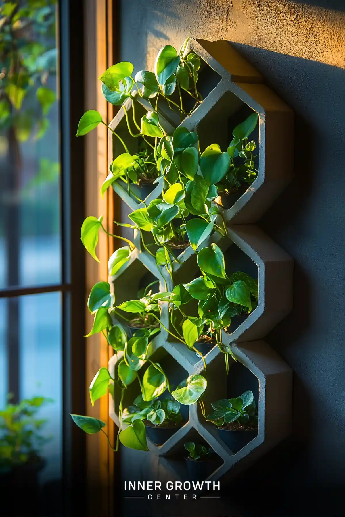 A modern hexagonal wall planter filled with cascading heart-shaped philodendron leaves, backlit by warm sunlight through a window.