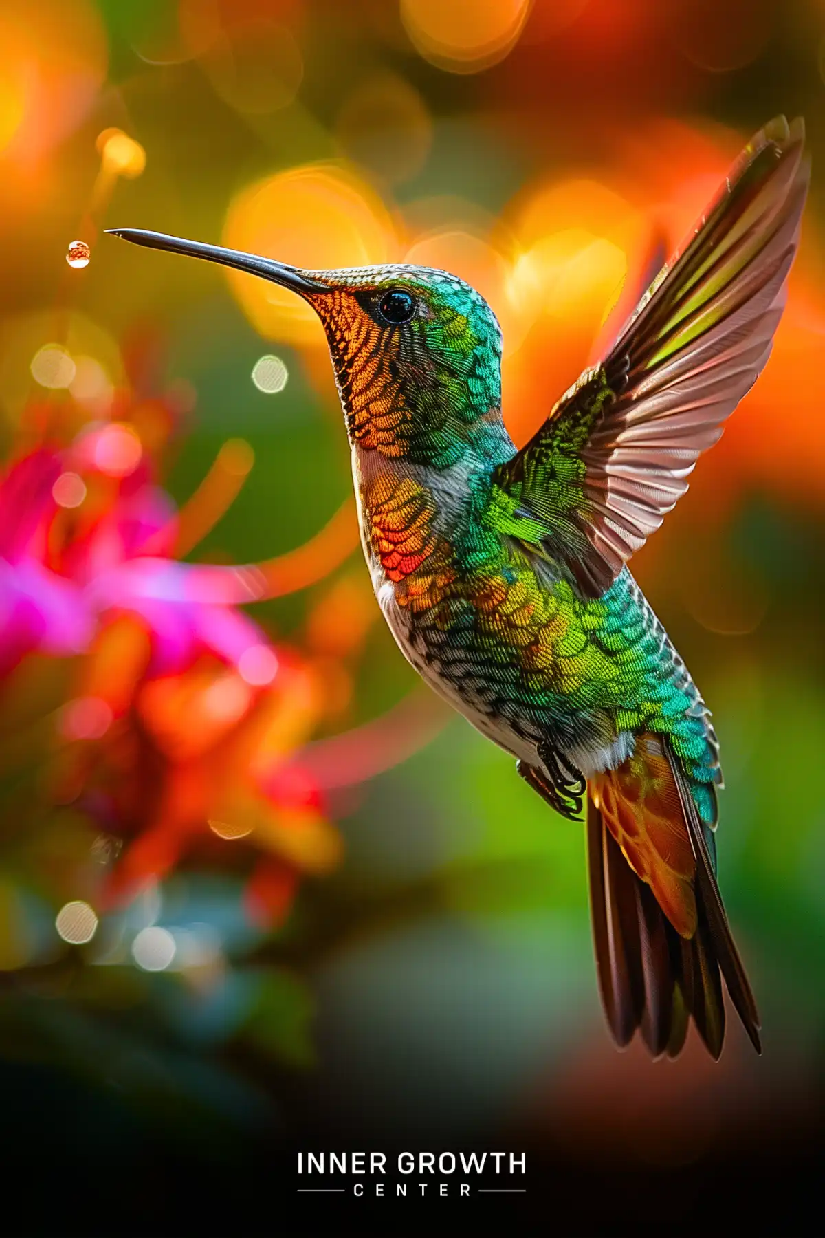 Vibrant hummingbird with iridescent feathers hovers mid-flight against a colorful blurred background.