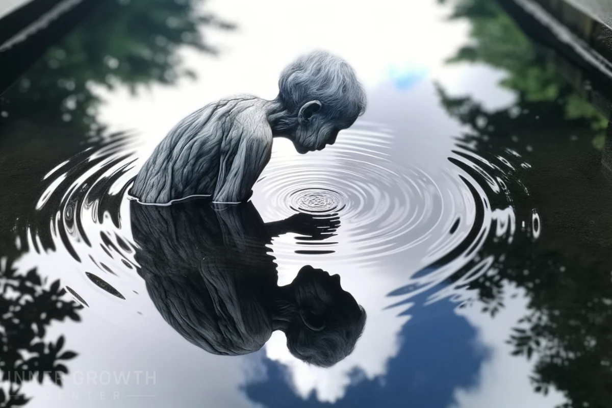 A person bent over in water looking aged and distorted.