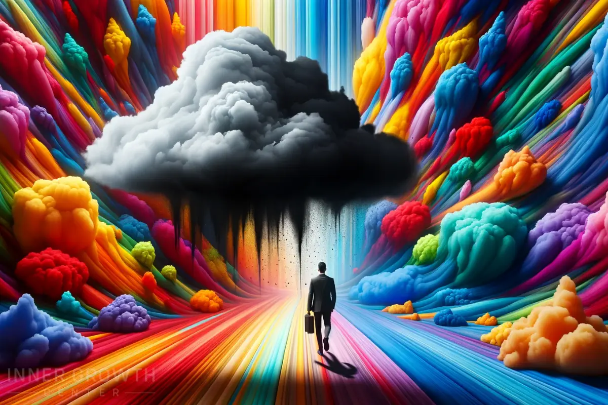 A man ignores his shadow walking away from a dark cloud into vibrant colours.