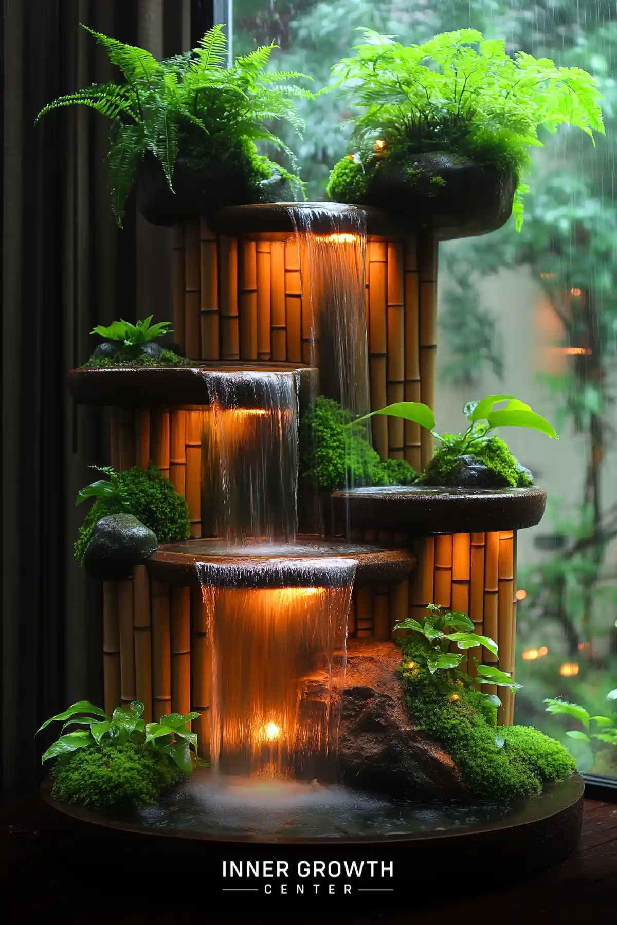 A multi-tiered indoor water feature with cascading waterfalls, lush ferns, and glowing bamboo elements.