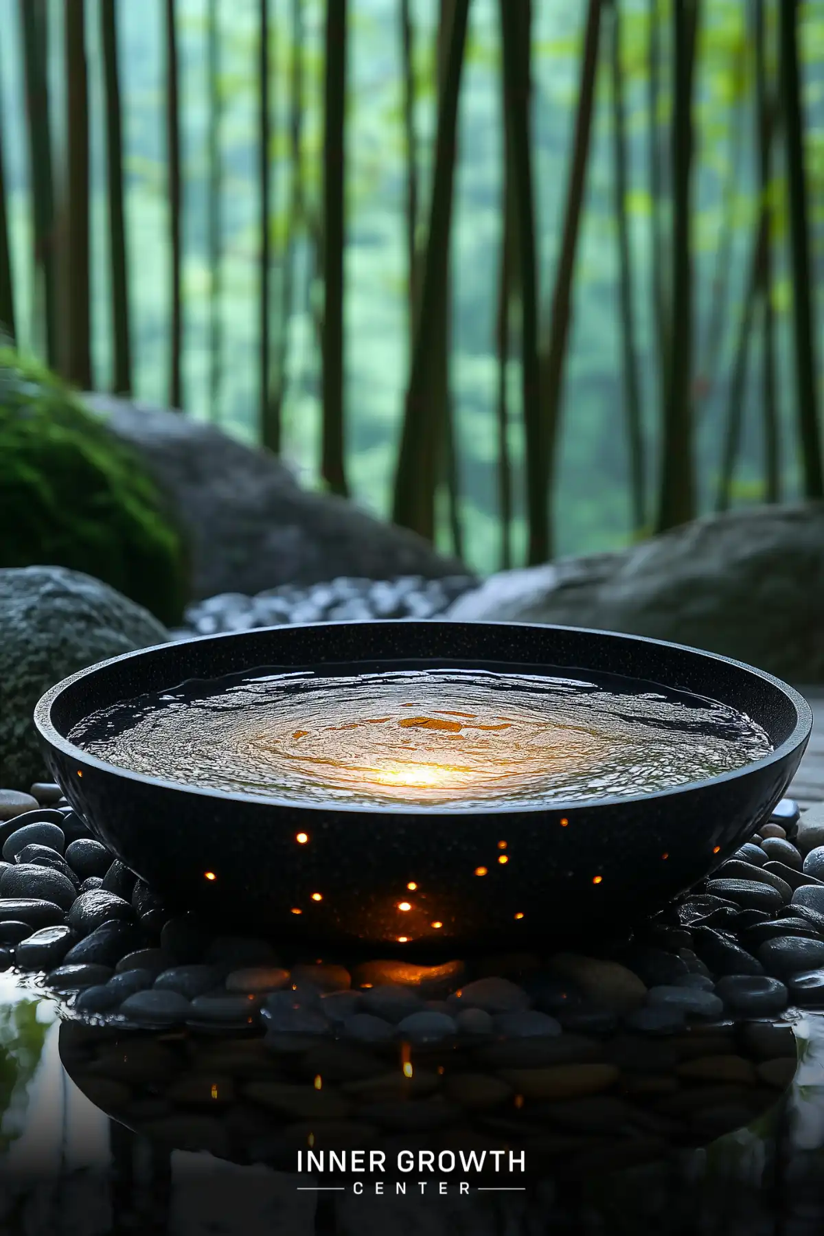 A glowing water bowl surrounded by bamboo and stones creates a serene meditation space.