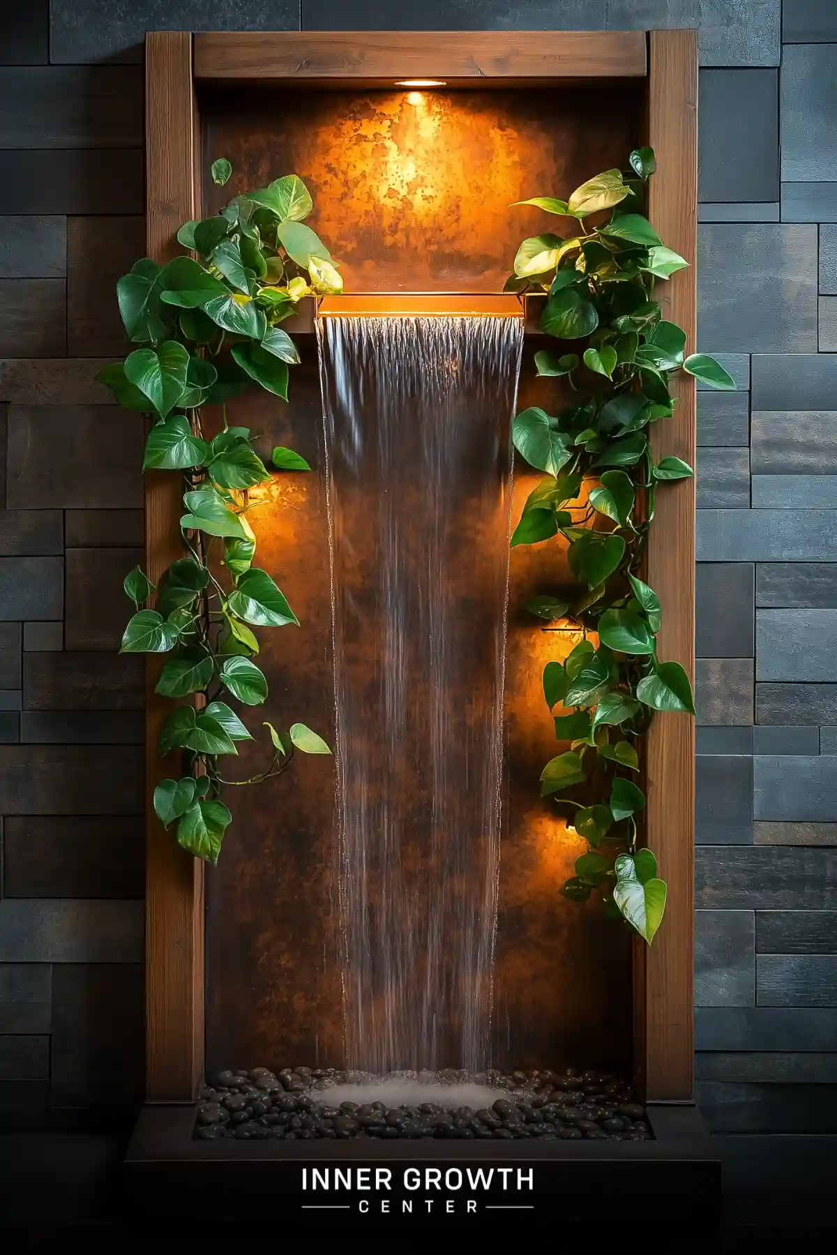 Indoor waterfall feature with lush green plants and warm backlighting creating a serene atmosphere.