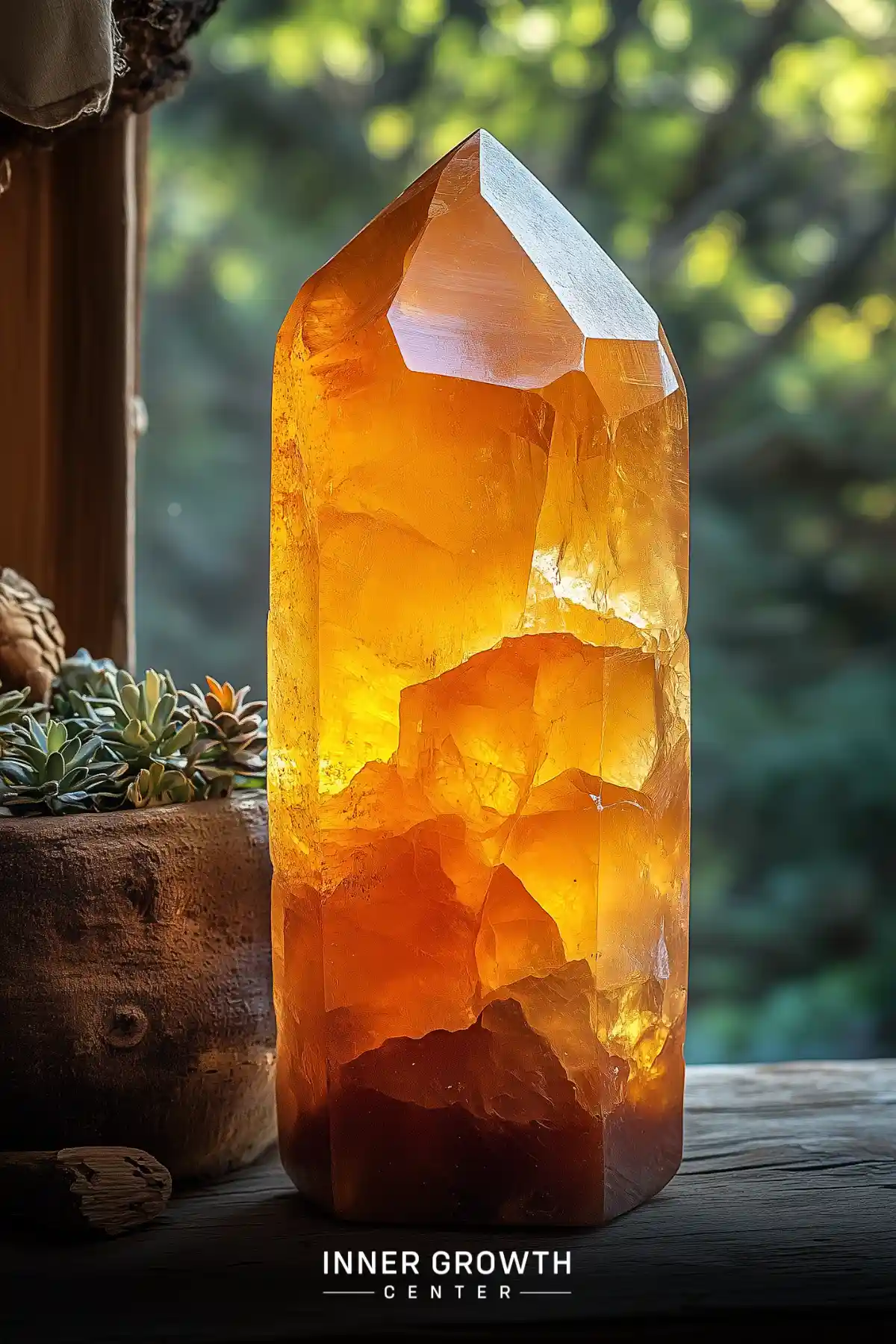 A large backlit citrine crystal point glows with warm amber light beside a potted succulent, creating an atmospheric meditation focal point