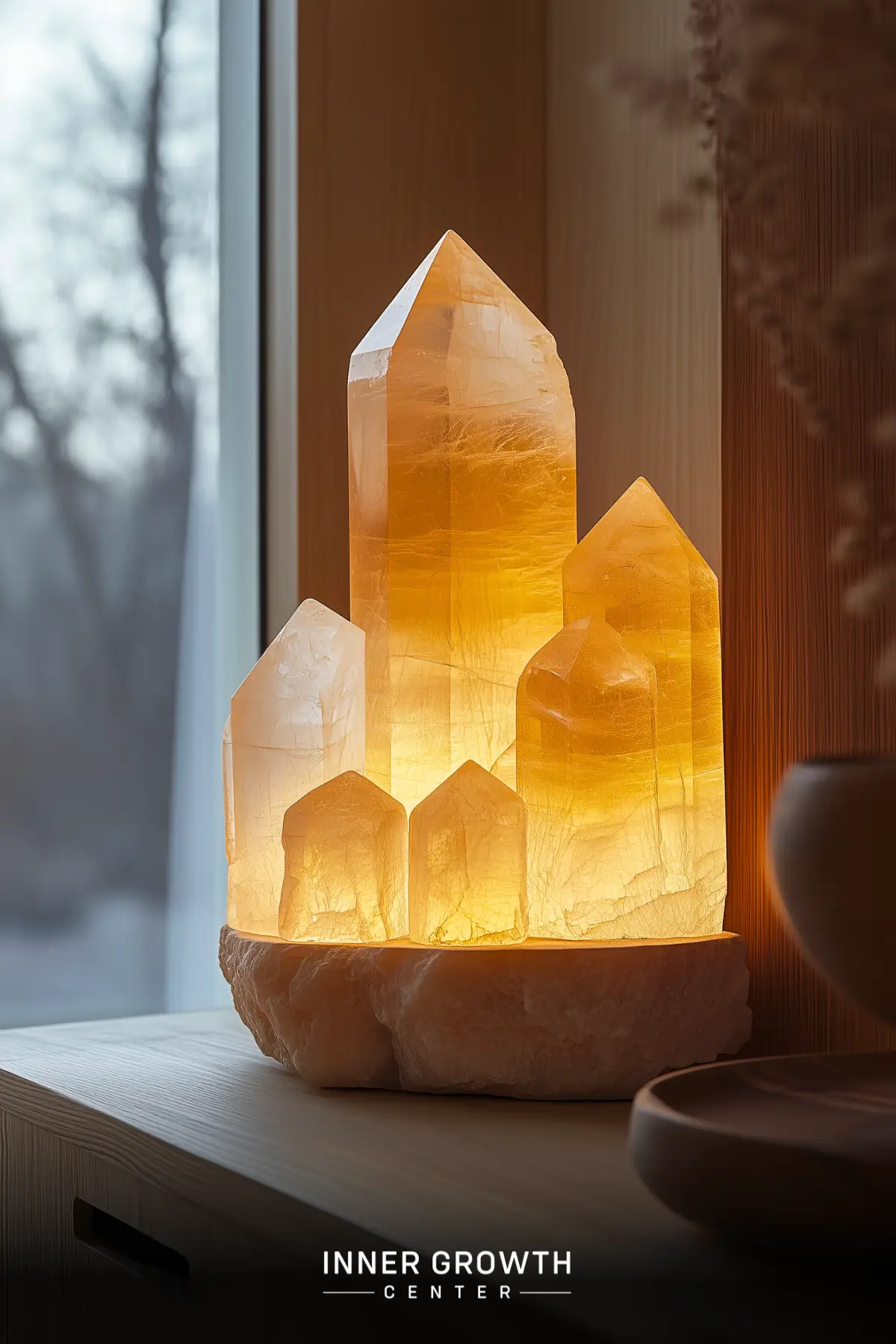 A glowing arrangement of five quartz crystal points on a rough stone base sits on a windowsill, creating a warm amber ambiance.