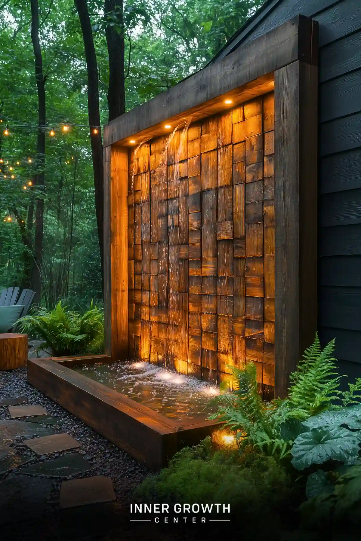 A wooden water feature with warm lighting cascades into a small pool surrounded by ferns in a forest setting.