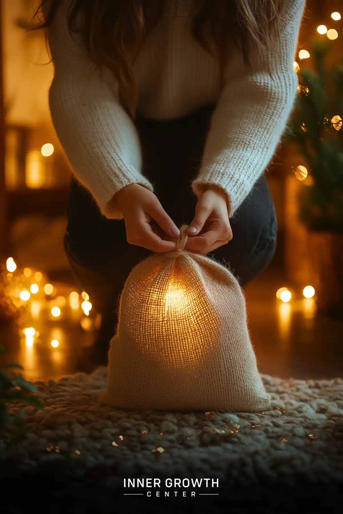 Hands holding a glowing herb sachet surrounded by candlelight for a spiritual cleansing ritual.