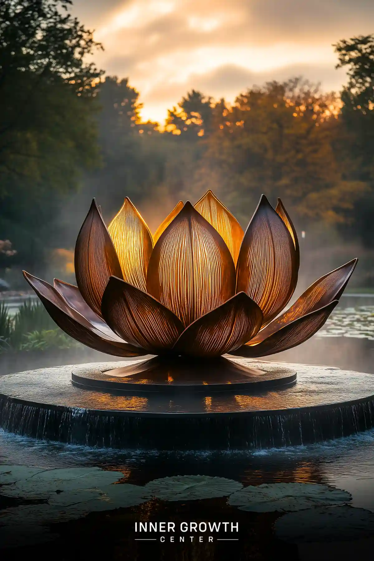 A glowing lotus-shaped sculpture sits atop a circular water fountain at sunset, surrounded by trees and water.