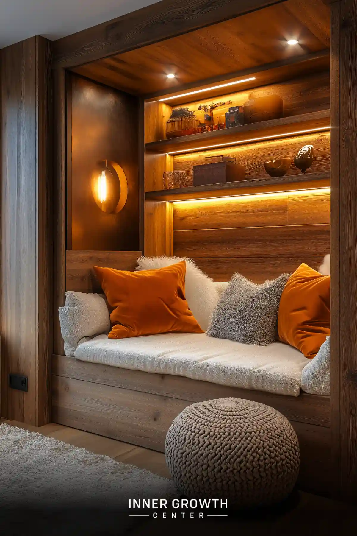 A built-in wooden reading nook features LED-lit shelving, white cushioning with orange velvet pillows, and a knitted pouf ottoman.