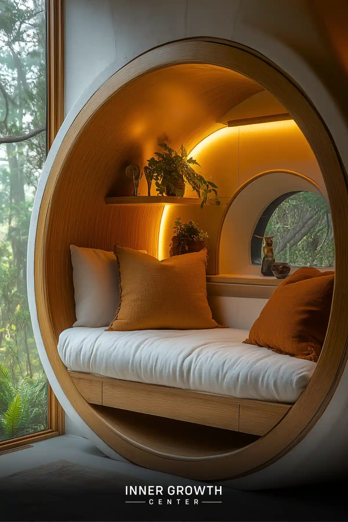 A circular wooden alcove with LED lighting features a cushioned meditation bench, orange pillows, and shelving with plants overlooking forest greenery