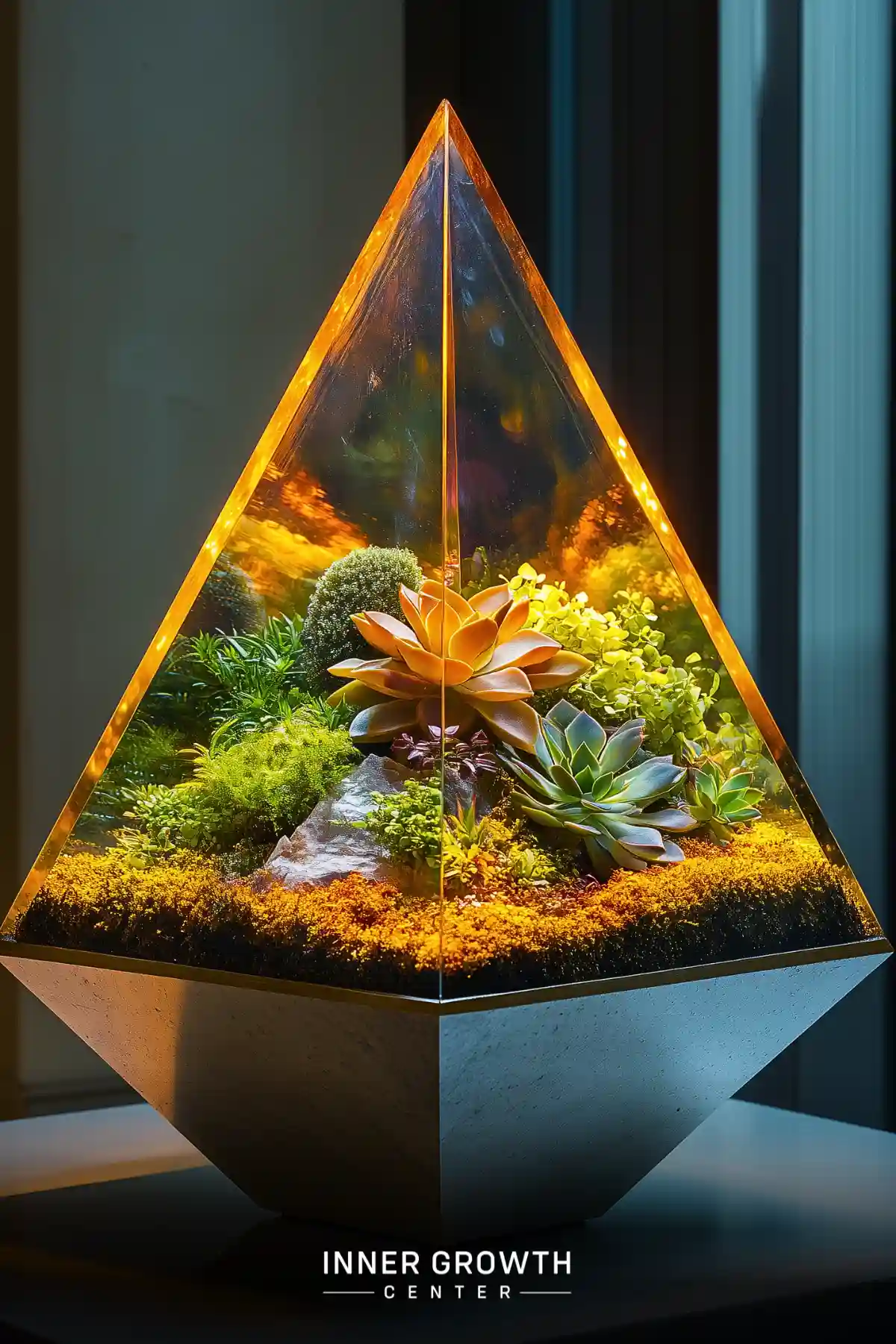 Glass pyramid terrarium with glowing succulents and mosses