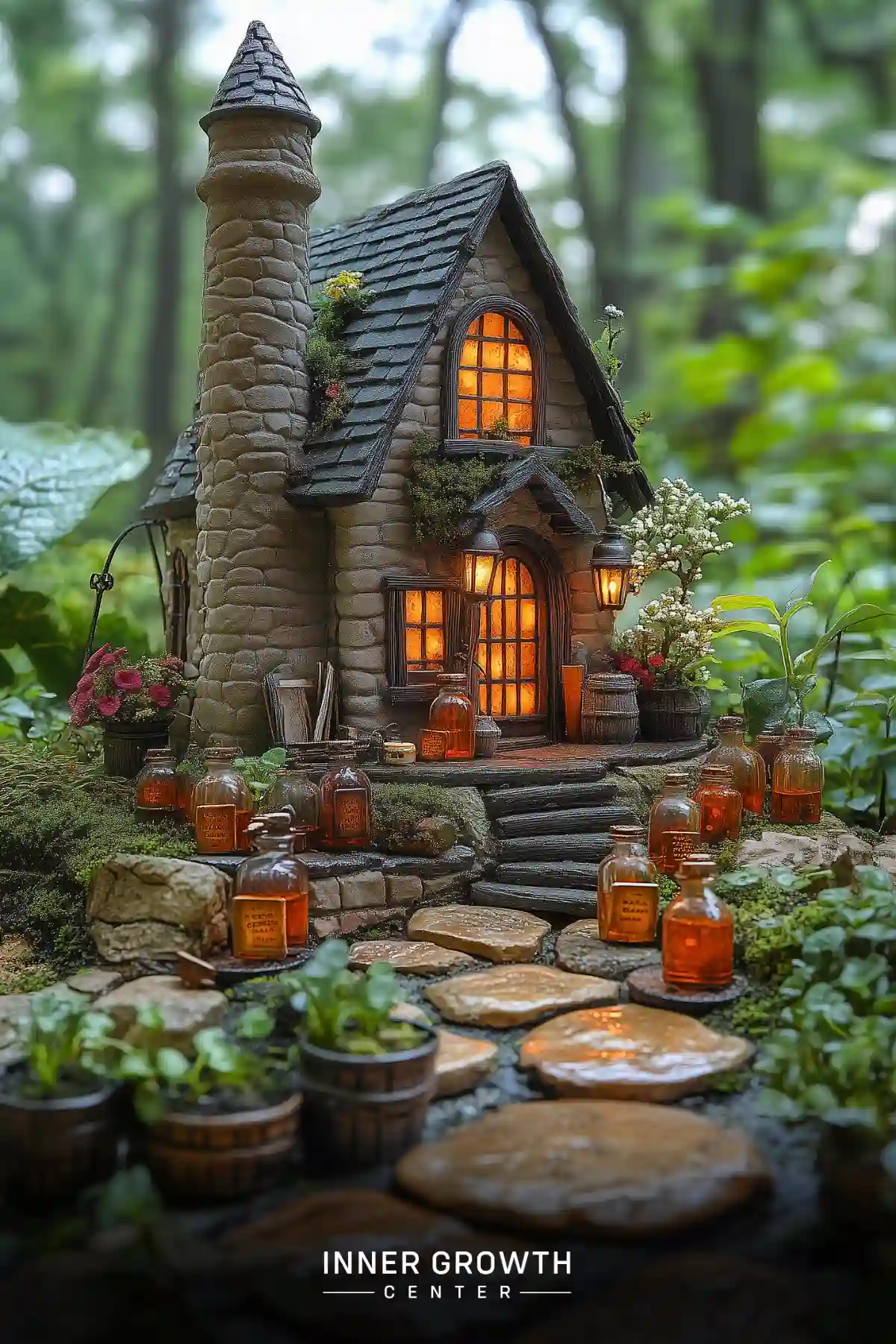 A miniature stone cottage glowing with warm light, featuring aged bottles and potted plants along a stepping stone pathway in a garden setting.