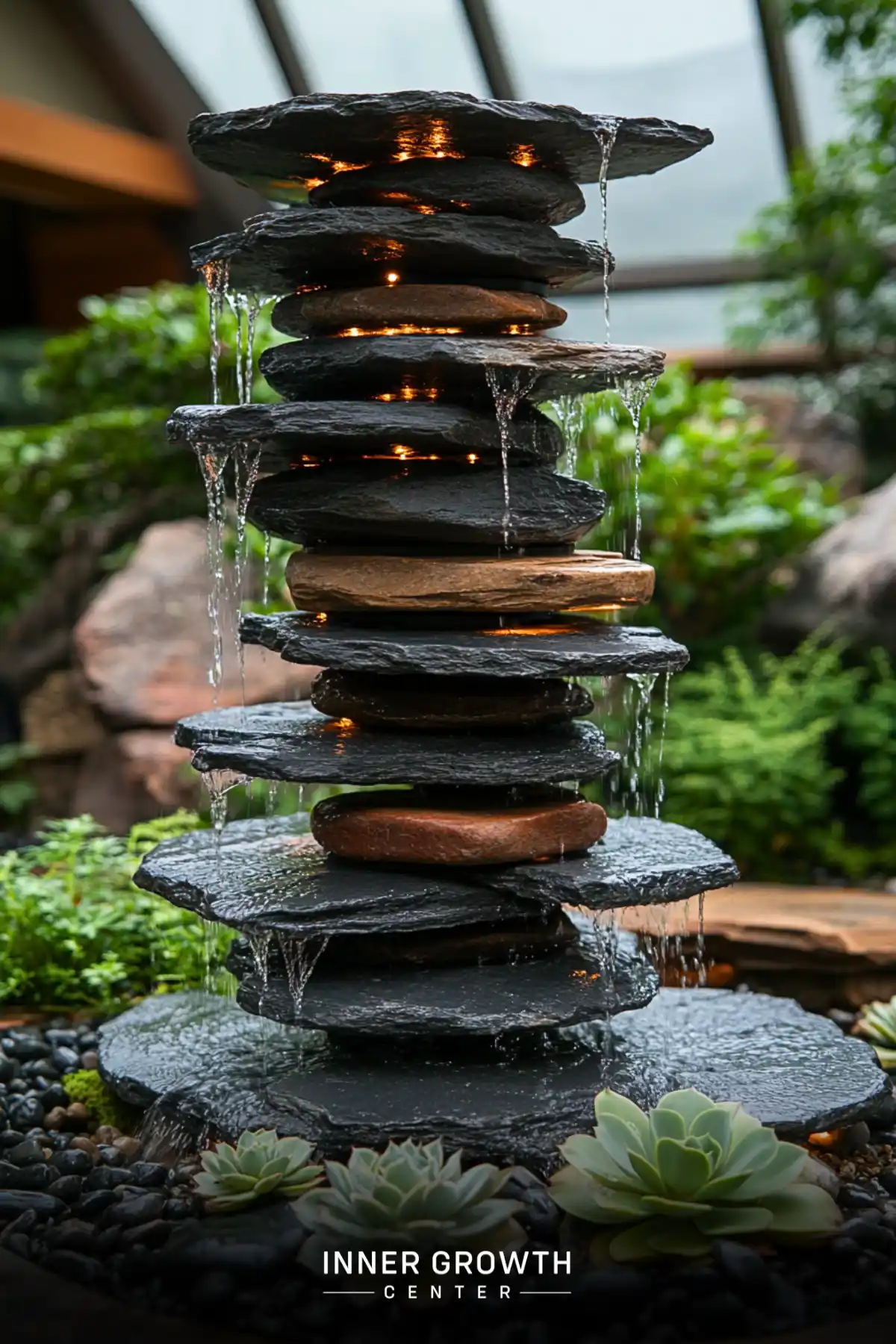 A tall, illuminated fountain made of stacked flat stones with water cascading down, surrounded by succulents and pebbles.