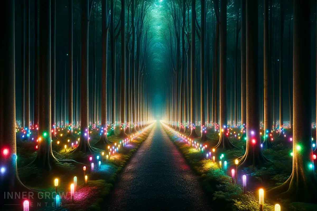 An illuminated path forward of flickering lights.