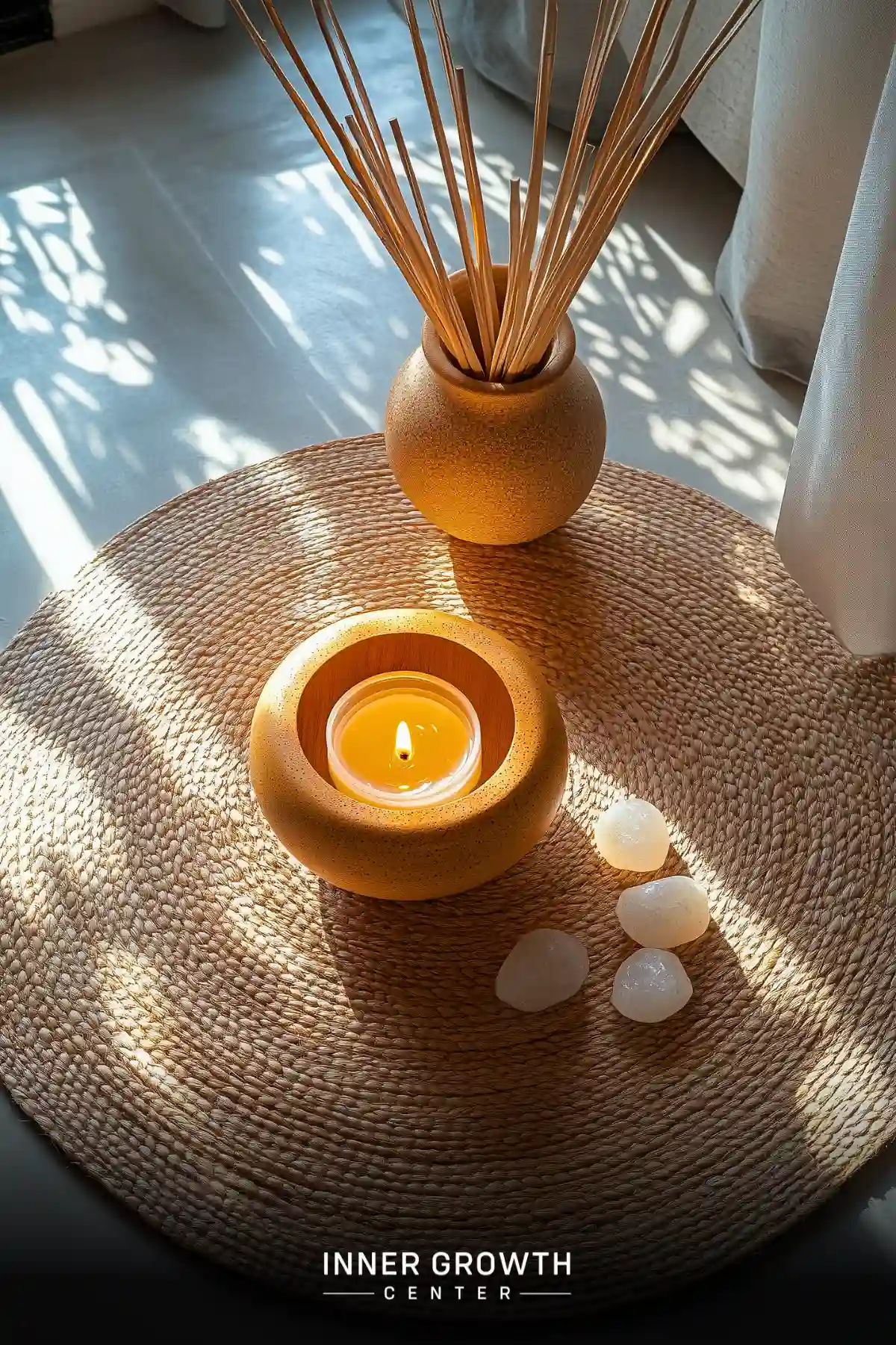 A woven mat with incense sticks, a lit candle, and crystals bathed in sunlight for spiritual cleansing.