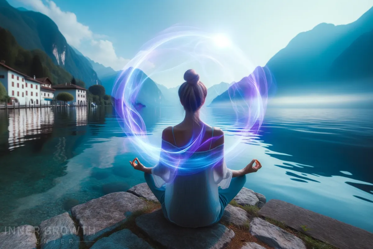 A woman meditating next to a lake with an indigo aura.