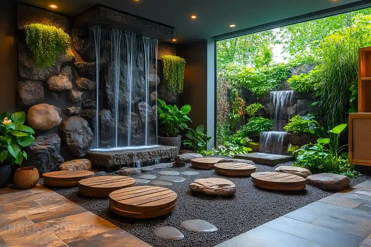 A relaxing indoor waterfall surrounded by indoor garden ideas