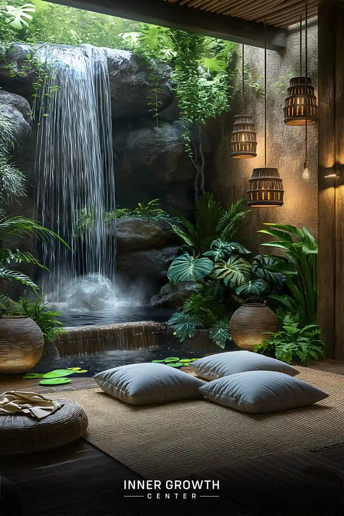 A serene indoor meditation area featuring a cascading waterfall, lush plants, and comfortable floor cushions.