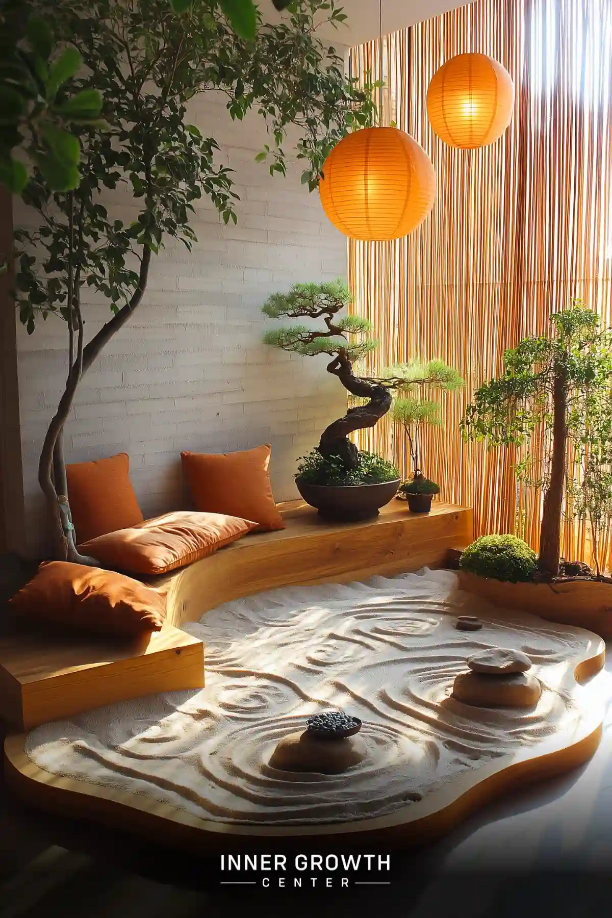 A modern meditation space with a wooden platform, sand garden, bonsai tree, and orange paper lanterns surrounded by bamboo screens.