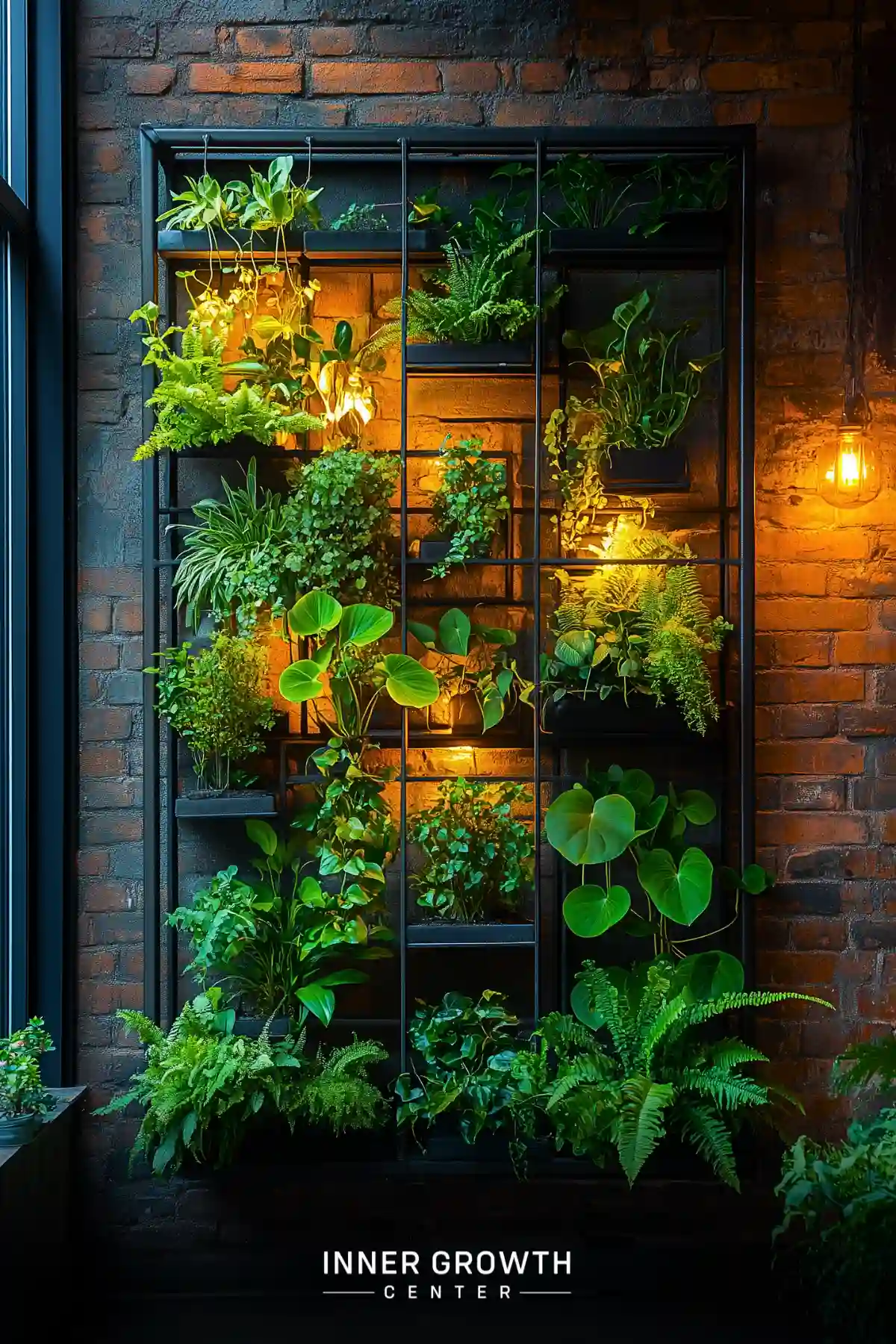 A black metal grid planter mounted on exposed brick features backlit tropical plants and ferns, with large monstera leaves catching warm lighting.