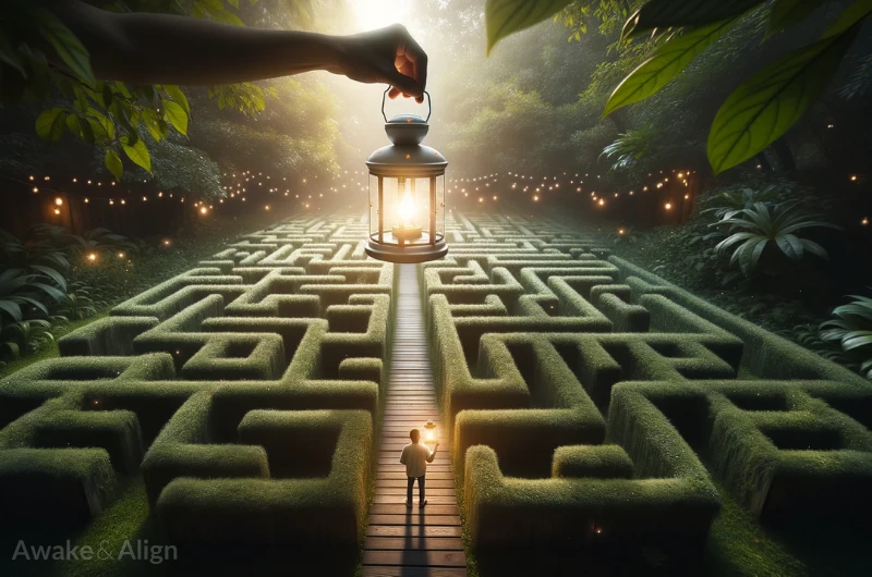 A person walks through a maze with a guiding light above symbolising inner work.