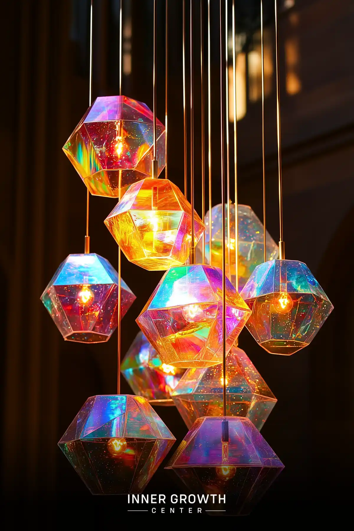 A cluster of colorful, geometric light fixtures resembling illuminated crystals hanging from thin wires.