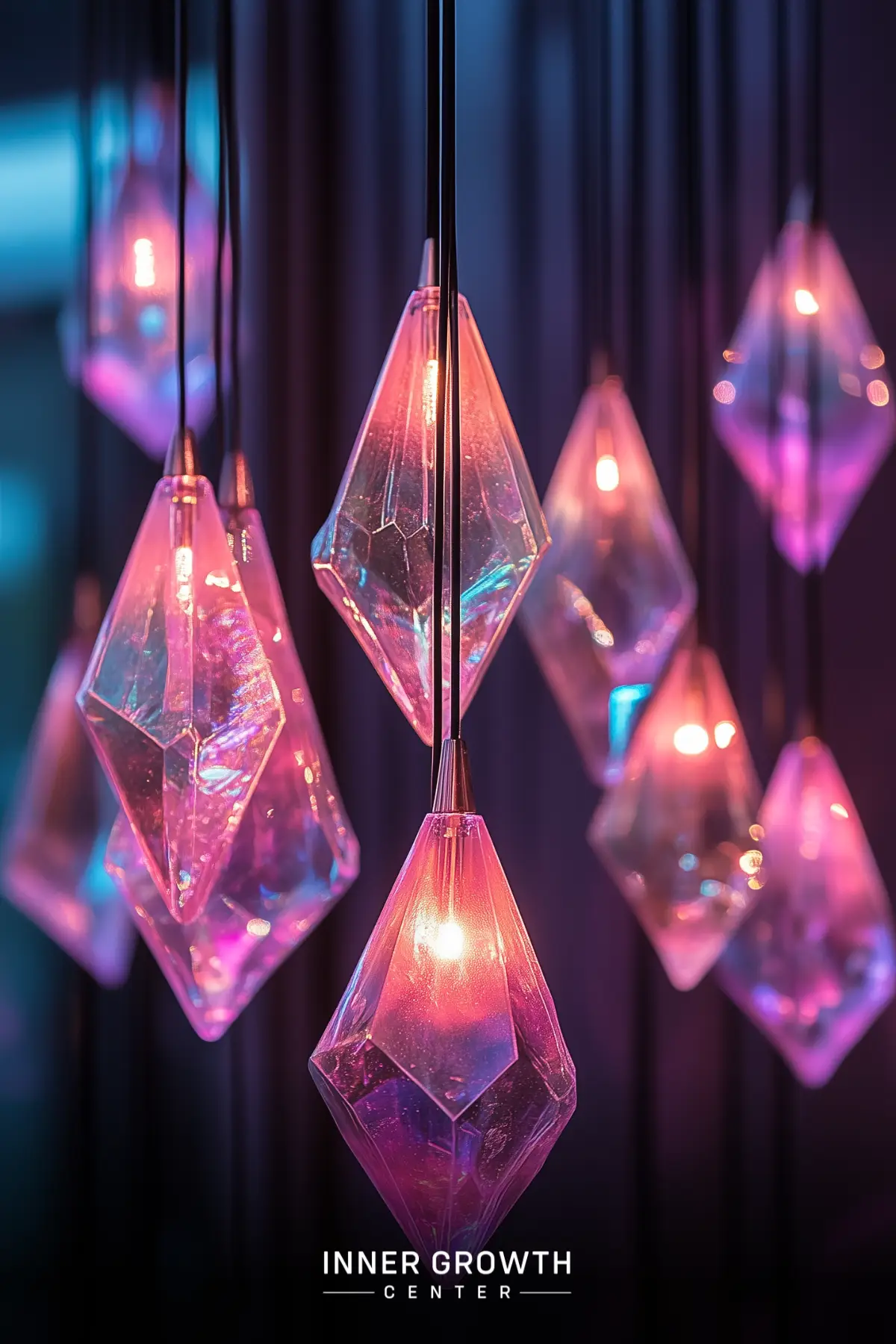 Cluster of illuminated diamond-shaped crystal pendants in pink and blue hues.