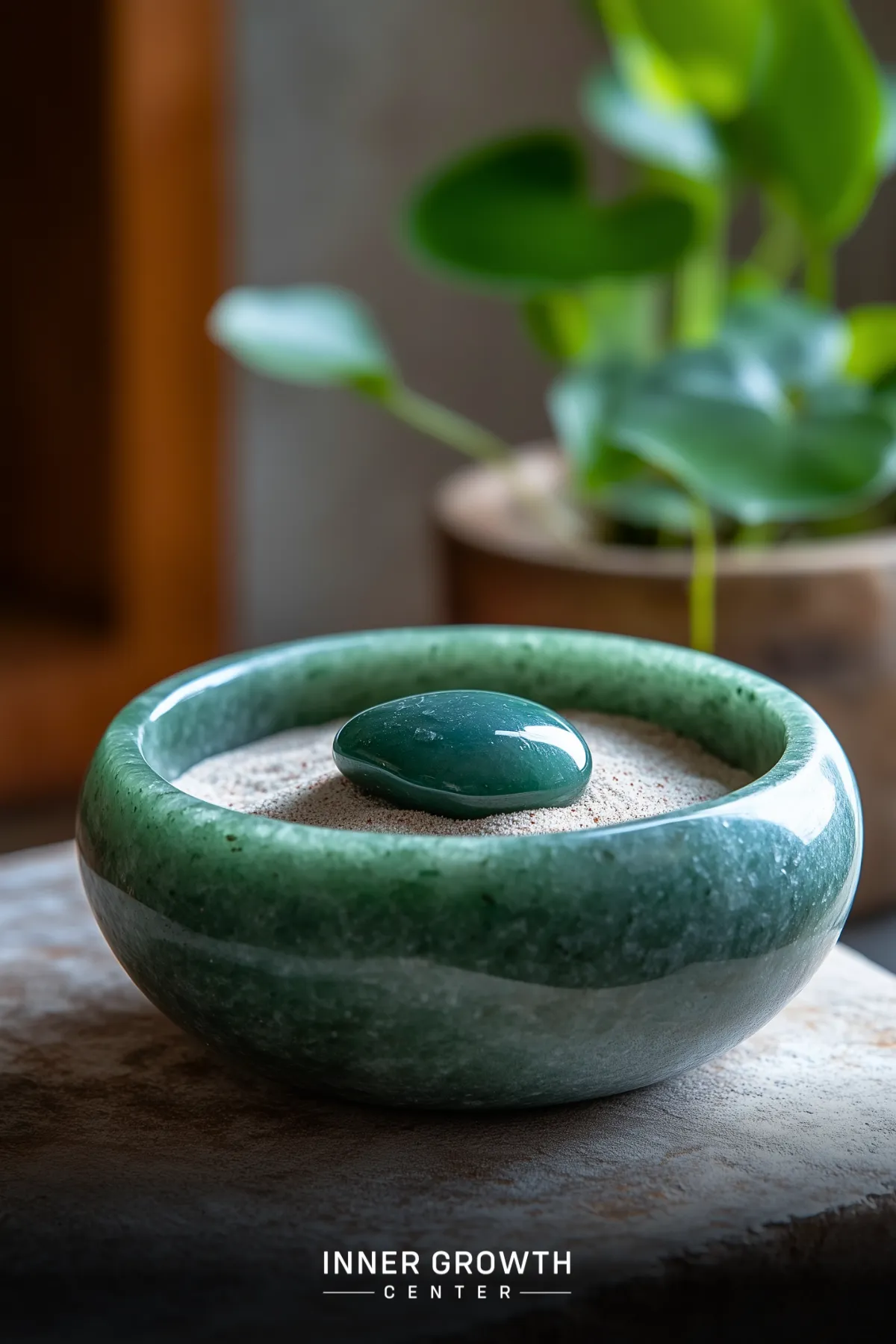 A polished green aventurine palm stone rests on sand inside a jade-colored ceramic bowl, creating a minimalist meditation focal point.