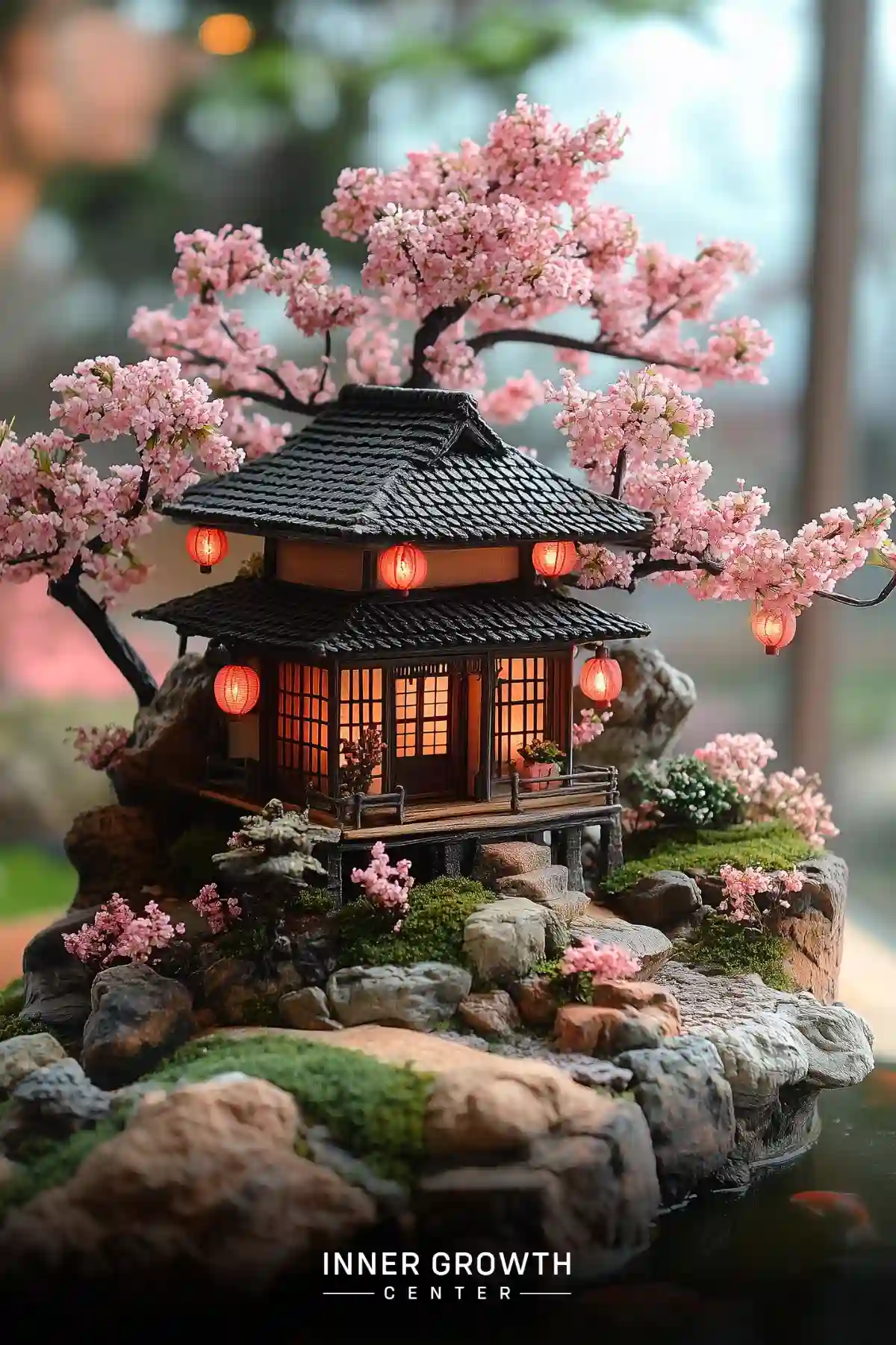 A miniature Japanese tea house with glowing lanterns nestled among rocks and blooming cherry blossom branches.