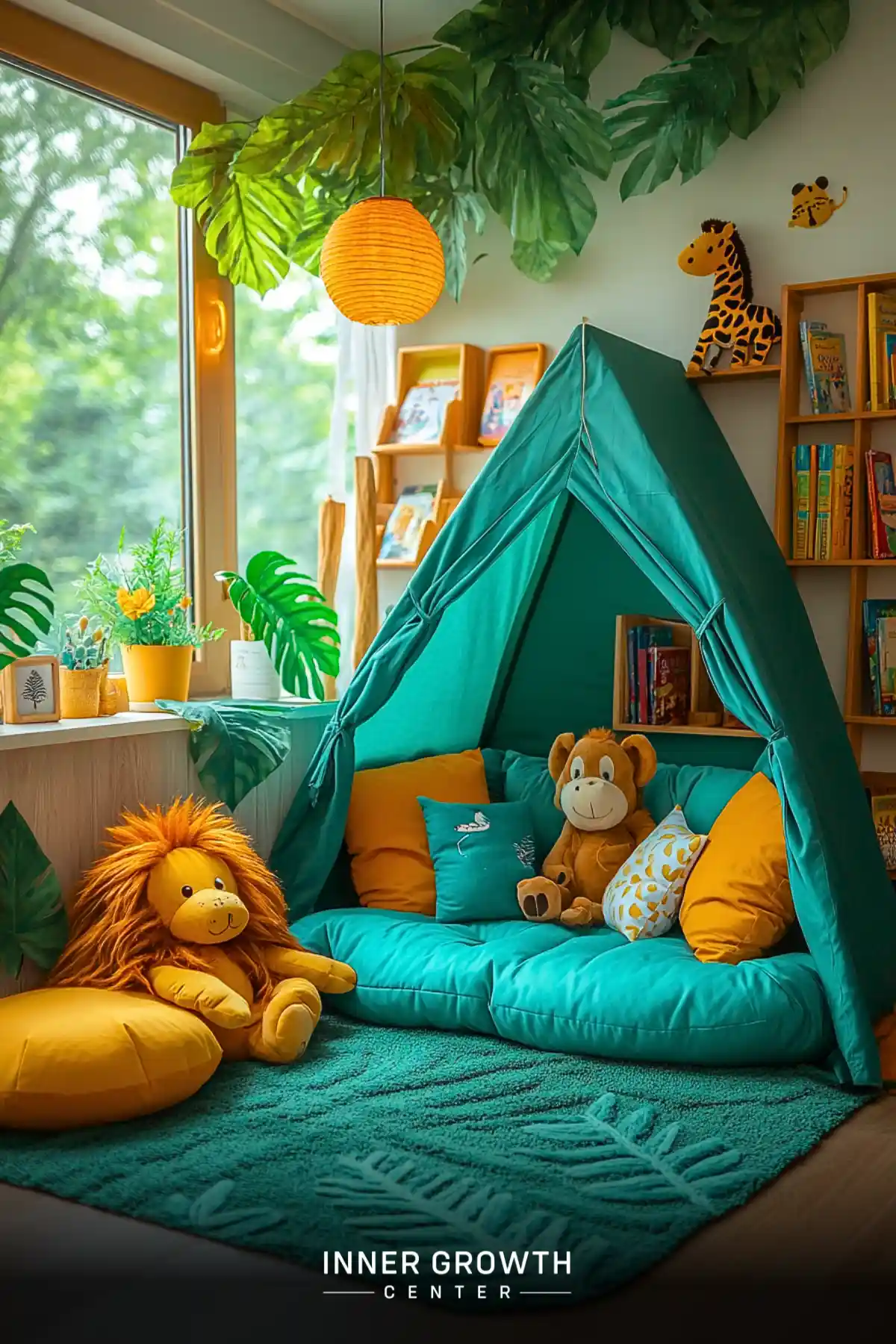 A teal teepee-style reading tent surrounded by tropical leaves, plush animal toys, and yellow accents creates a cozy safari-themed reading space for children.