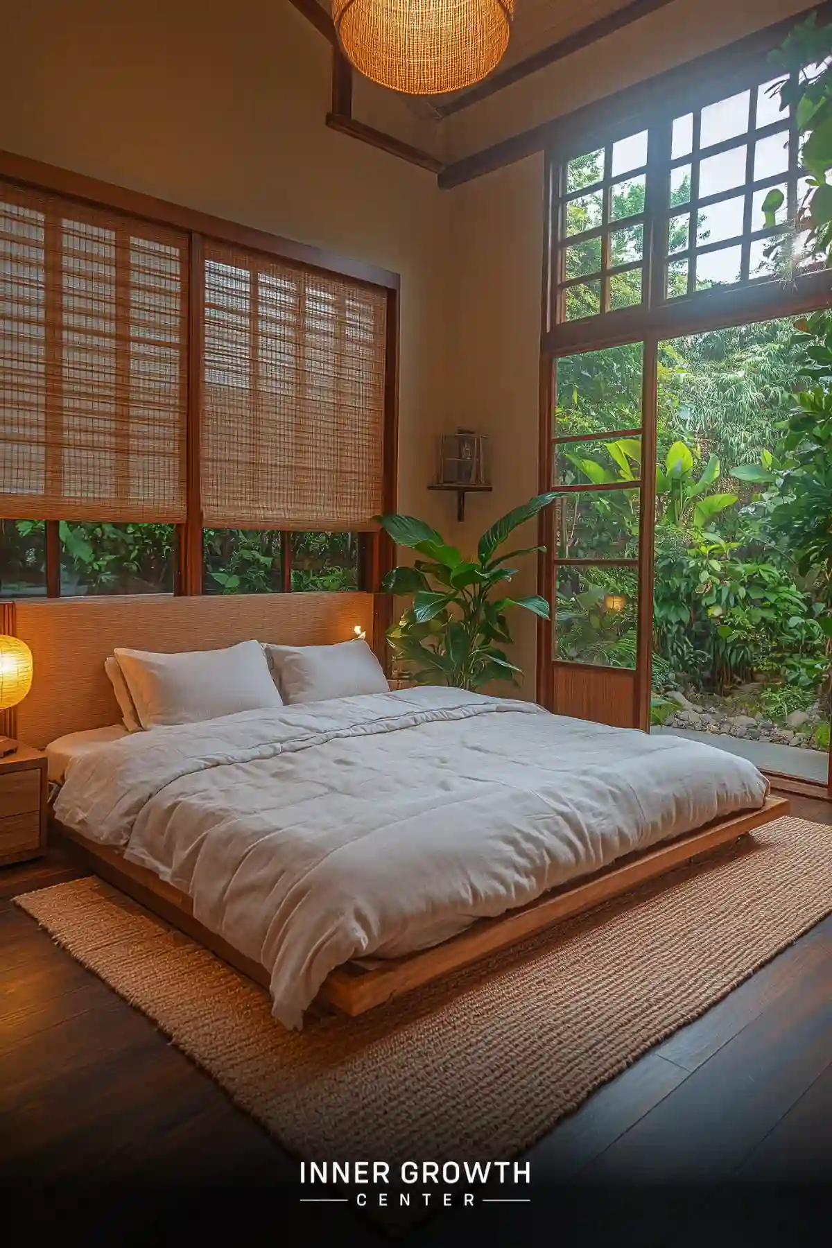 A serene bedroom with large windows overlooking lush tropical greenery, featuring natural textures and warm lighting.