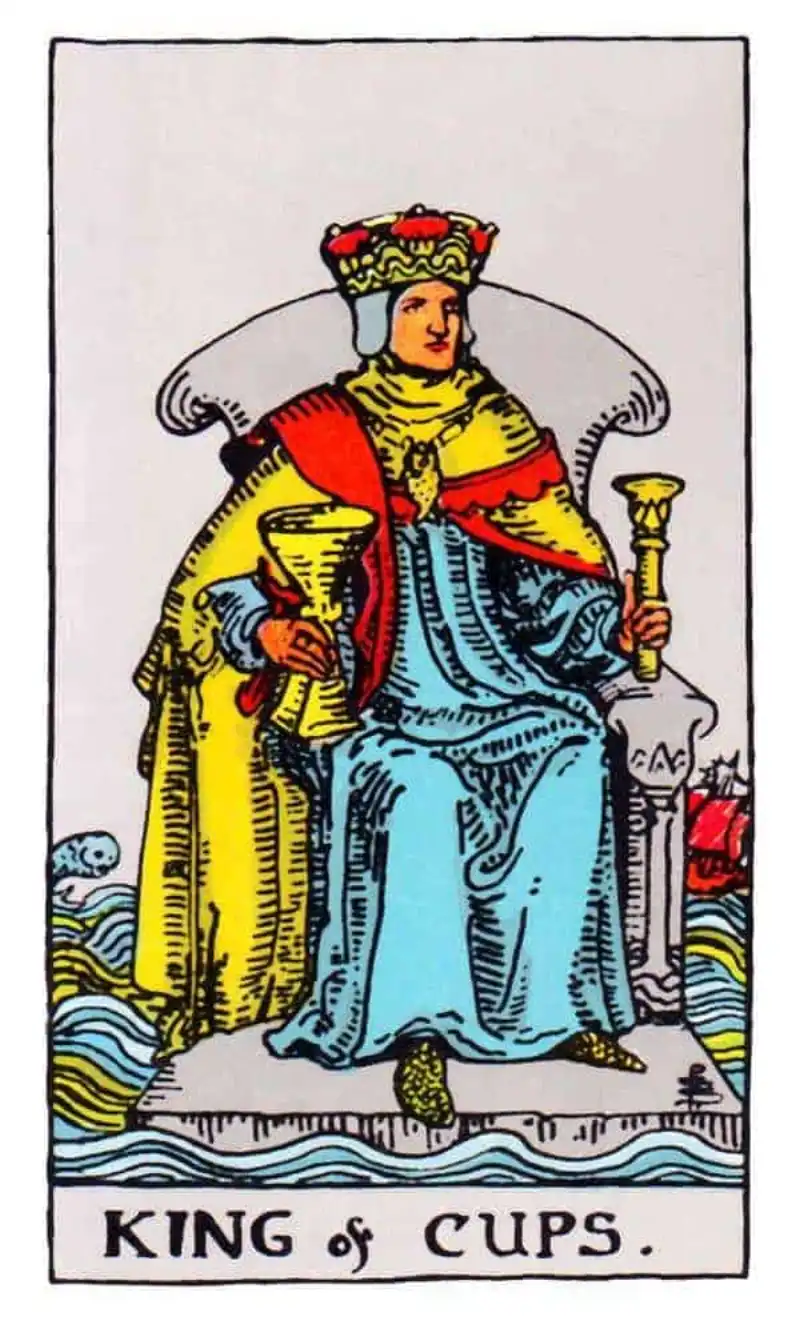 A king sits in a throne with a cup, as the king of cups tarot card