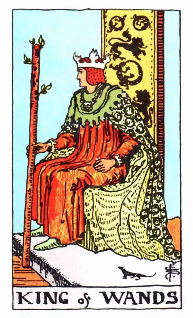 A King sits on a throne holding a wand as the King of Wands tarot card.