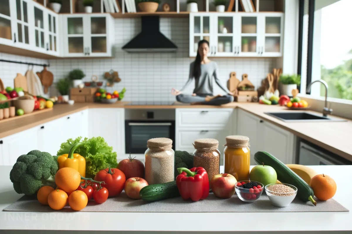 A woman meditates on the kitchen bench in front of clean eating food.