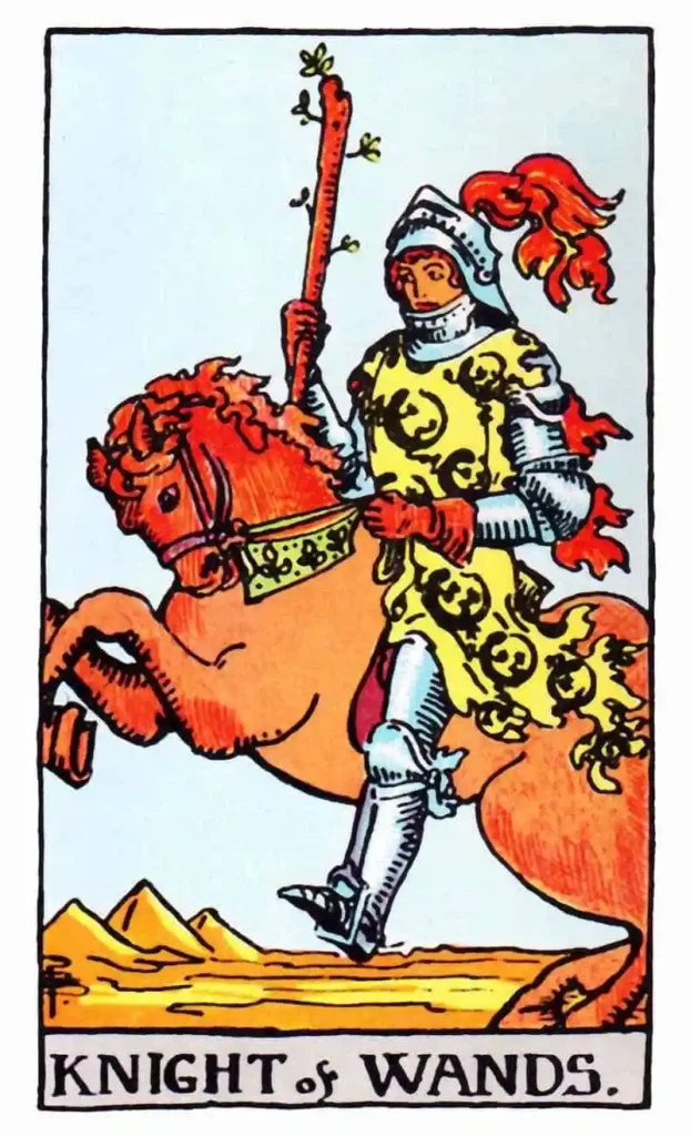 A knight riding a horse as the knight of wands tarot card