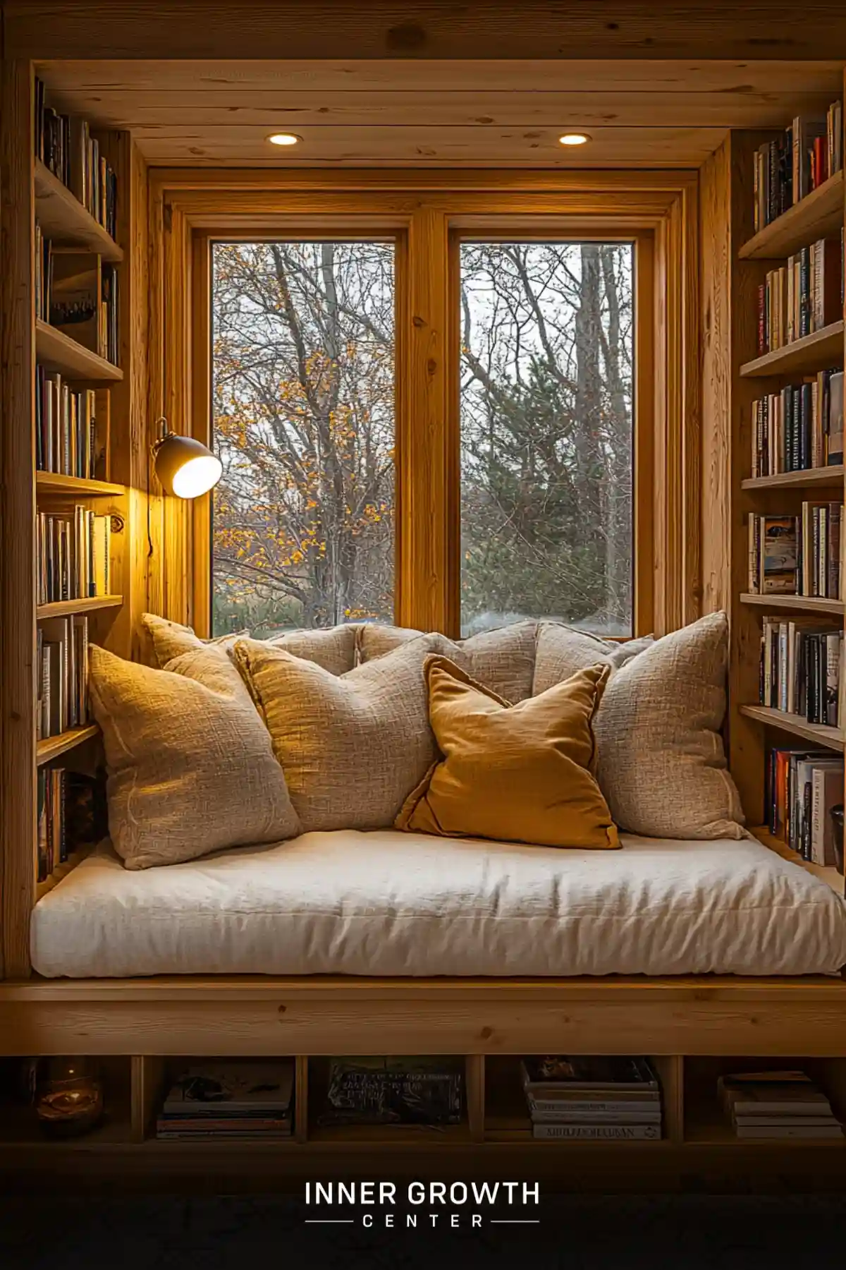 A cozy window seat surrounded by pine bookshelves features cream cushions, textured pillows, and a brass reading lamp overlooking autumn trees.