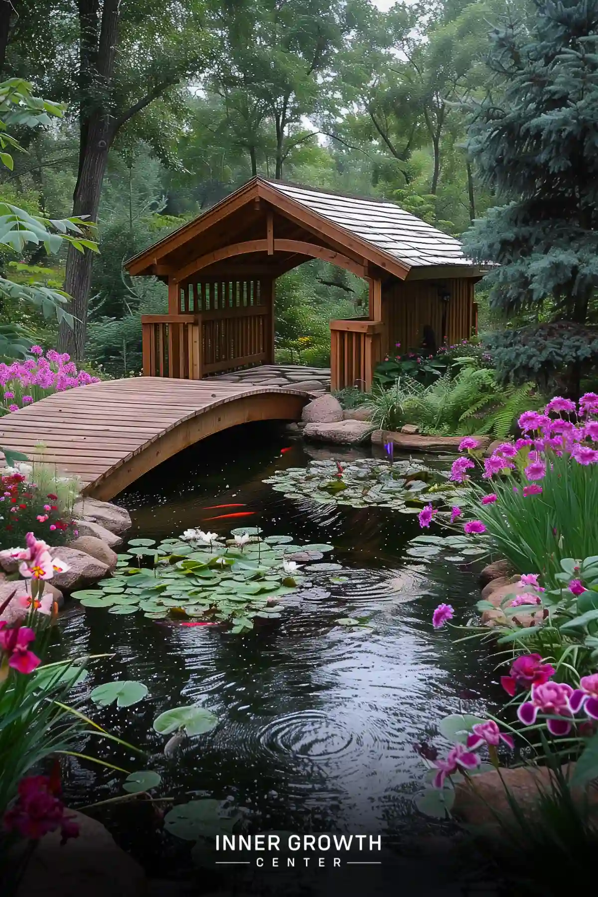 A wooden bridge spans a serene koi pond surrounded by lush vegetation and colorful flowers in a tranquil garden setting.