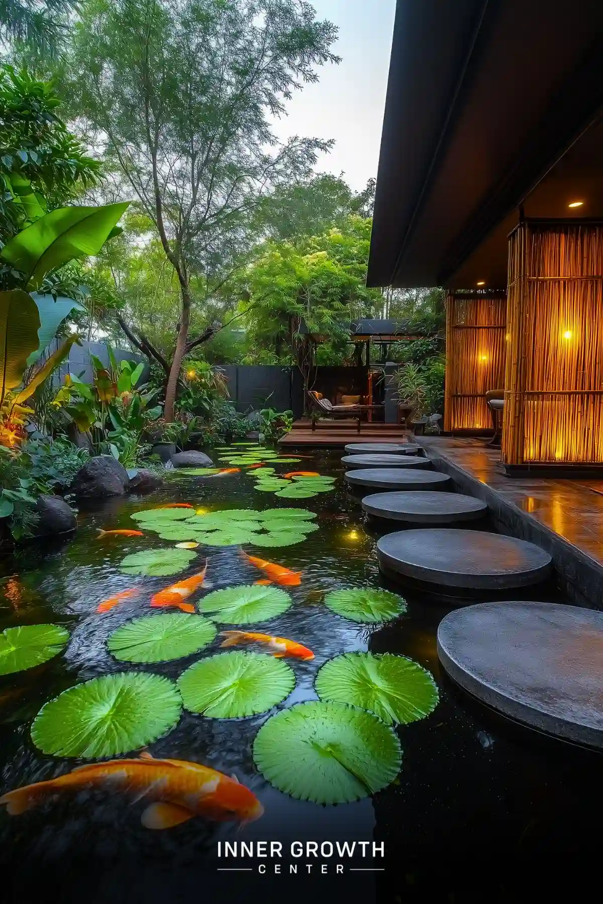 A serene garden with a koi pond, lily pads, and circular stepping stones leading to a wooden structure.