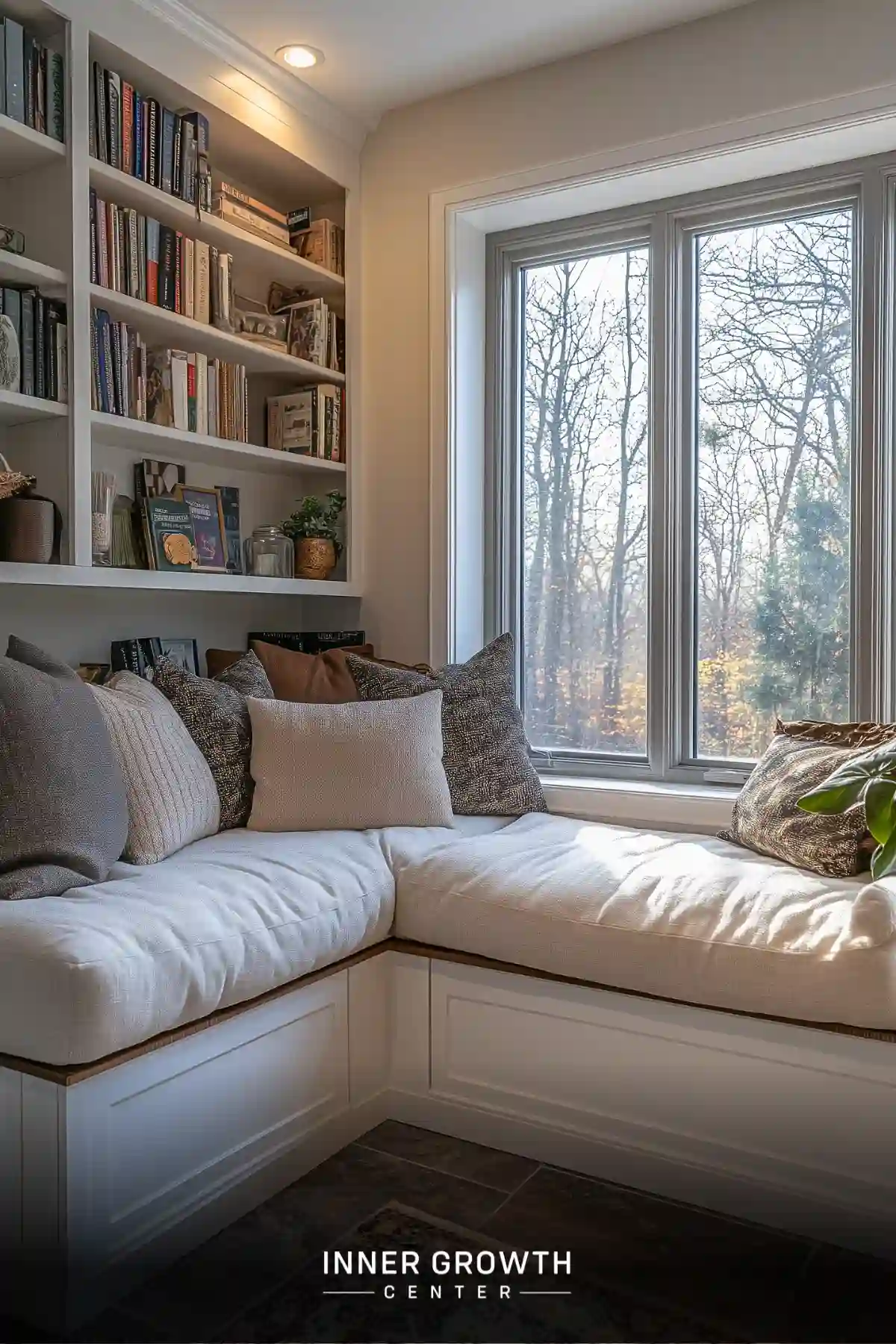 A corner window seat with white cushions and neutral pillows features built-in bookshelves and an L-shaped seating arrangement.