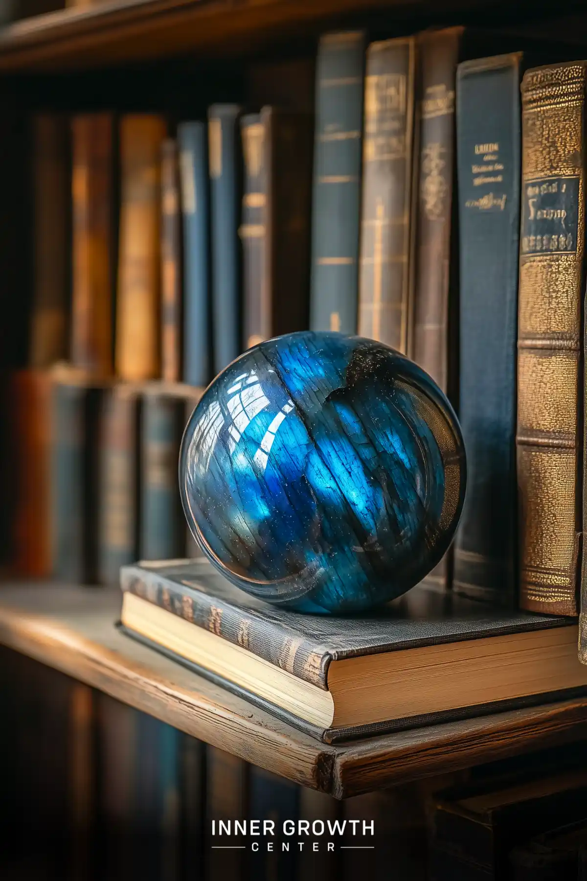 A luminous blue labradorite sphere rests on vintage books against a backdrop of antique leather-bound volumes, creating a scholarly meditation focus1